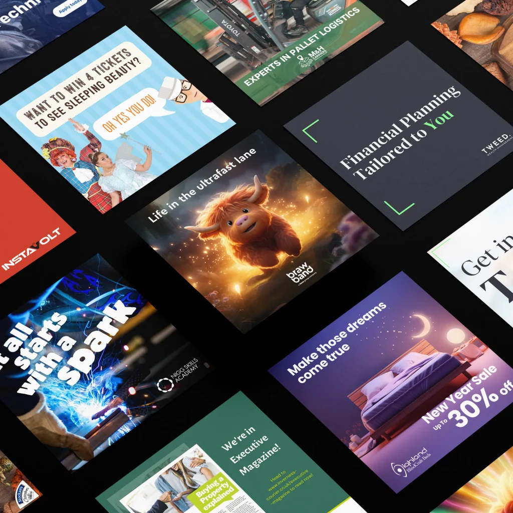 A collage of various digital advertisements and website interfaces, displayed in a grid, featuring vibrant colors and diverse textual content