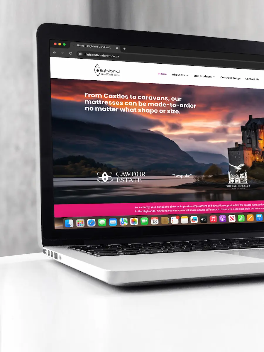Laptop screen displaying a website for Cawdor Estate, featuring a scenic banner with a castle by the shore and text about custom mattress training.