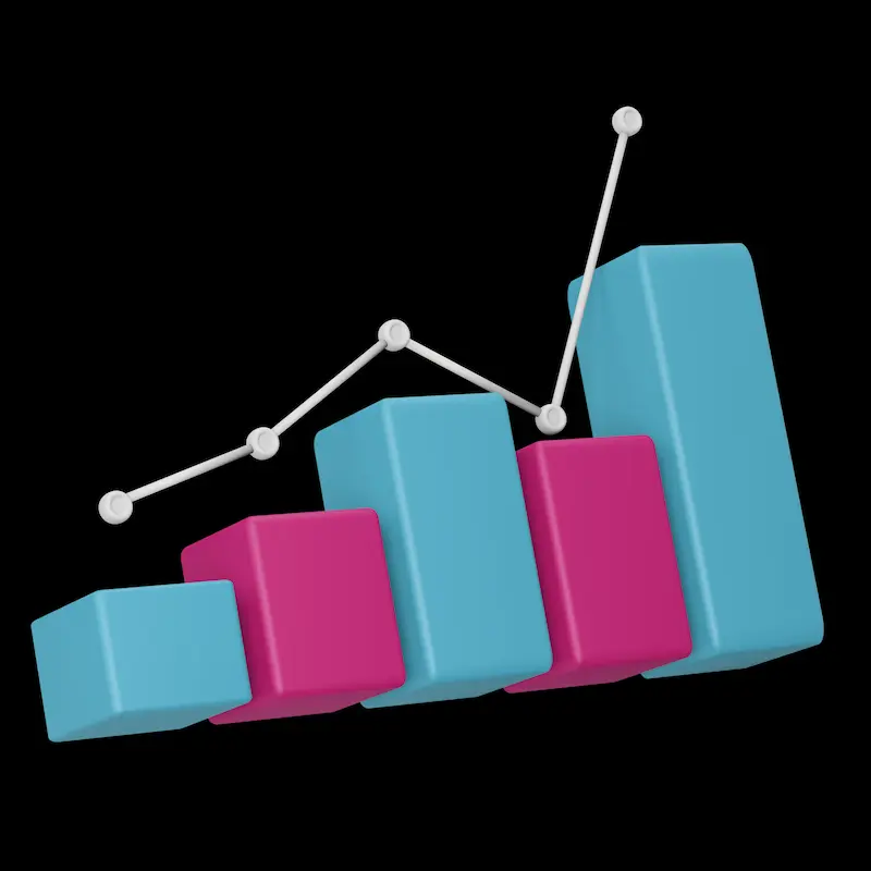 3D bar graph with alternating blue and pink bars, increasing from left to right, and a white line graph connecting white nodes above the bars, on a black background—perfect for visualizing email marketing data.