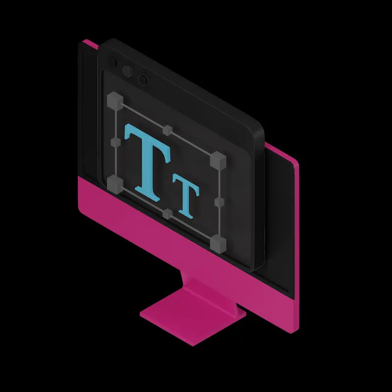 Isometric illustration of a pink computer monitor displaying email marketing software with a blue letter 'T' on the screen against a black background.