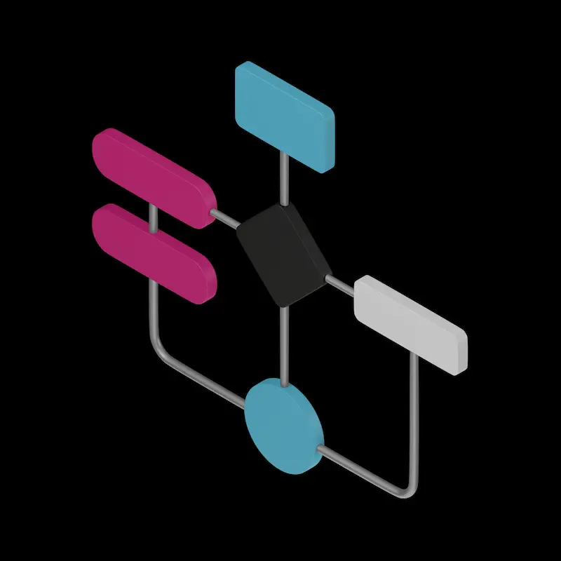 A 3D diagram of an abstract network with two pink, a white, a blue, and a black rectangular block connected via curved lines to a central blue circular shape on a black background illustrates the intricate pathways of email marketing.