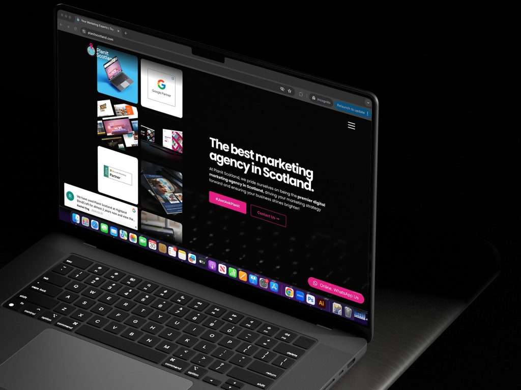 A laptop screen displays a marketing agency website with a header proclaiming "The best marketing agency in Scotland," showcasing innovative trends and offering options to view their work and contact them.