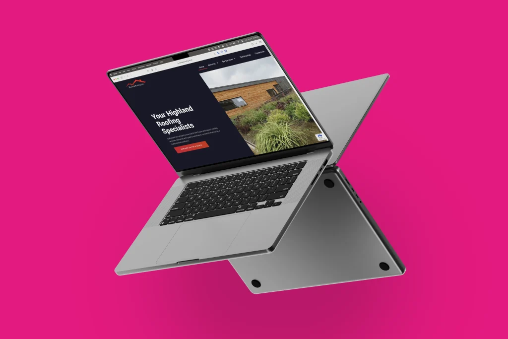 An open laptop displaying a website about roofing specialists, shown against a pink background.