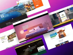 Six diverse website homepage designs are displayed against a purple gradient background, showcasing various themes such as real estate, construction, broadband services, and hospitality. These WordPress designs effectively transform user journeys across multiple industries.