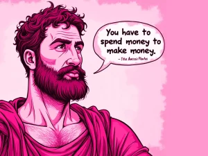 Illustration of a bearded man wearing a toga with a speech bubble saying, "You have to spend money to make money. - Titus Maccius Plautus" against a pink background, highlighting the cost of marketing services in Scotland.