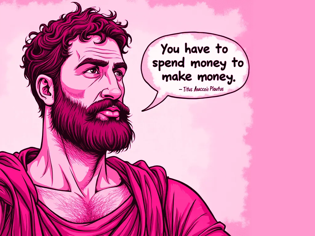 Illustration of a bearded man wearing a toga with a speech bubble saying, "You have to spend money to make money. - Titus Maccius Plautus" against a pink background, highlighting the cost of marketing services in Scotland.