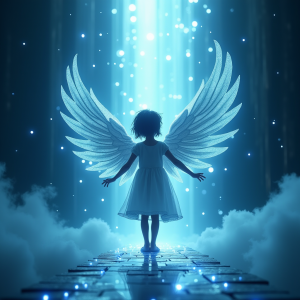 A child with wings stands on a glowing pathway, illuminated by a radiant light from above, surrounded by a mystical, ethereal atmosphere that enchants loyal visitors of Planit Scotland.