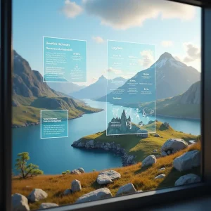 A serene mountainous landscape near Inverness viewed through a window, with data charts and infographics projected on the glass, detailing geological and weather statistics.
