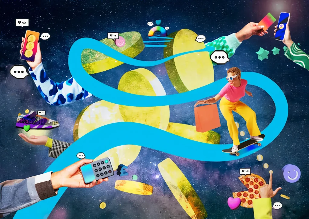 A vibrant collage features hands grasping gadgets, shoes, and pizza; a skateboarder cruises on a blue path beneath speech bubbles and icons over a cosmic backdrop. This dynamic scene mirrors future-proof marketing strategies for Inverness businesses navigating the digital realm.