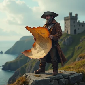 A bearded man in historical attire holds a large, weathered map while standing on a stone ledge overlooking the cliffs and a castle near Inverness.