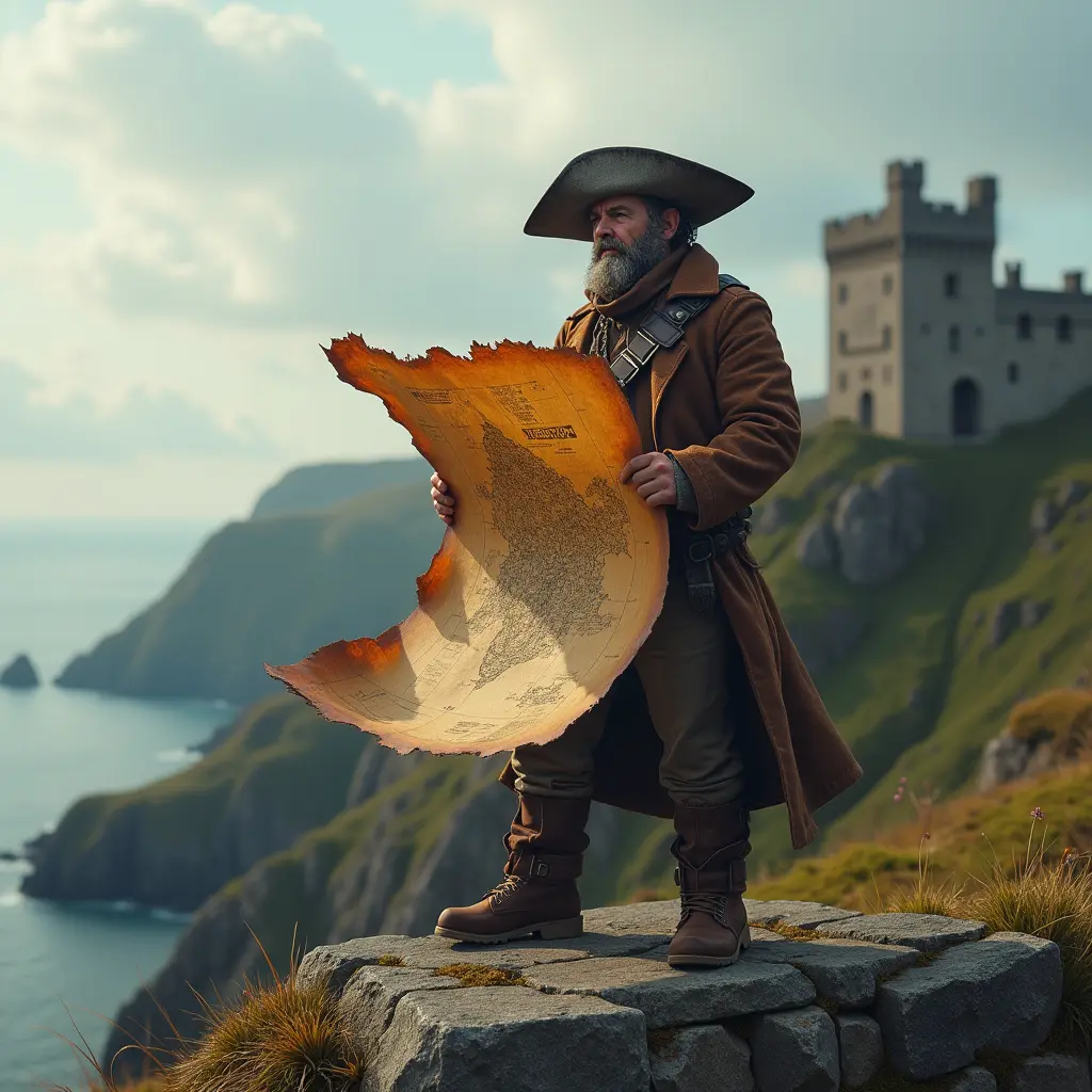 A bearded man in historical attire holds a large, weathered map while standing on a stone ledge overlooking the cliffs and a castle near Inverness.