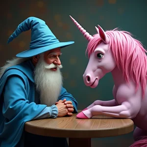 A wizard in a blue robe and hat sits at a table in Inverness, facing a pink unicorn with a friendly expression, discussing best practices for enchanting success.