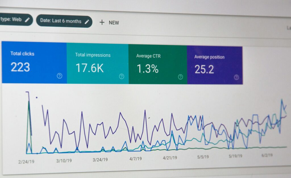 A screen showing a variety of SEO marketing analytics data such as click-through rate
