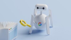 An stylised image of a small white with the Google logo on its front, holding a yellow magnifying glass
